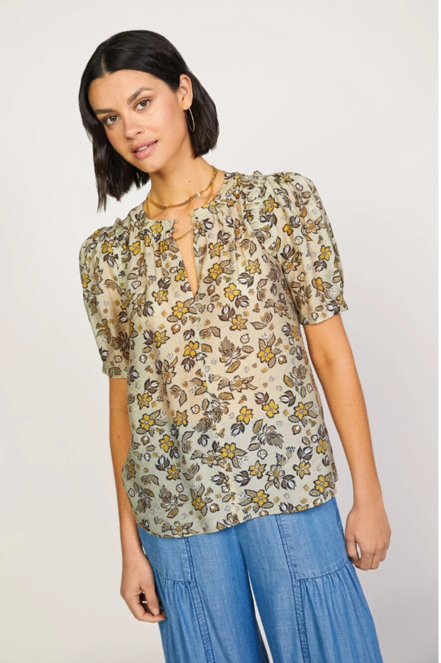 Current Air x Anthropologie Women's Oatmeal Yellow Split Neck Floral Blouse sz S